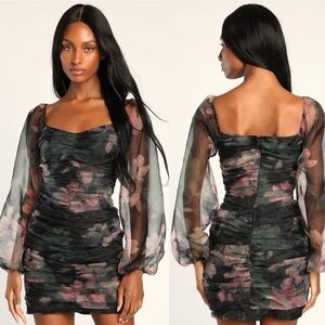 Lulus Midnight Mirage Black Floral Ruched Organza Bodycon Mini Dress Small